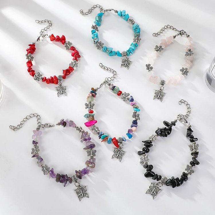 Colorful Crystal Rubble Butterfly Charm Bracelet