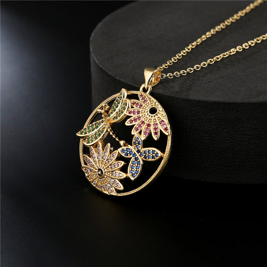 Hollow Dragonfly & Flower Totem Pendant Necklace