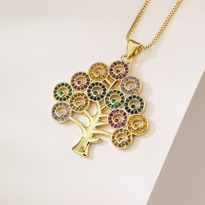 Hollow Life of Tree Full Stones Pendant Necklace