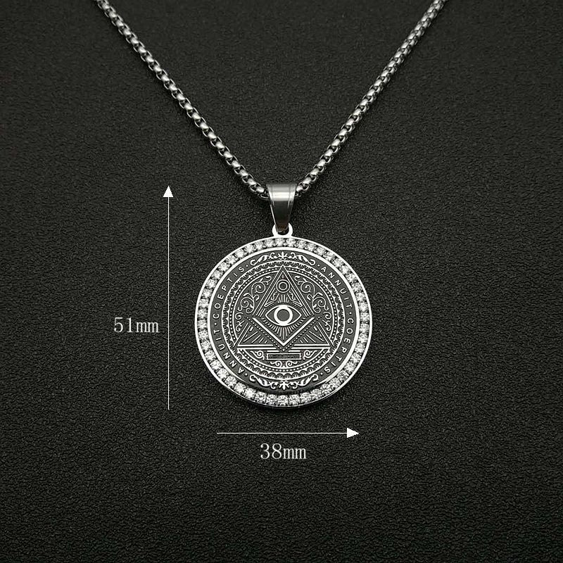 Titanium Steel Gold Plated Micropaved Zirconia Masonic Illuminati Pendant