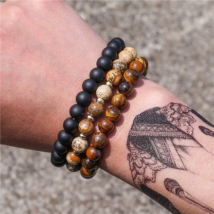 3Pcs Picture Jasper Tiger Eye Black Onyx Beaded Bracelets