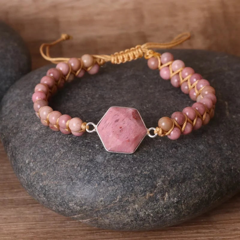 Hexagon Aquamarine Rhodochrosite Wrap Bracelet