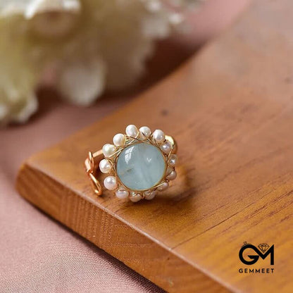 Aquamarine With Pearl Retro Ring