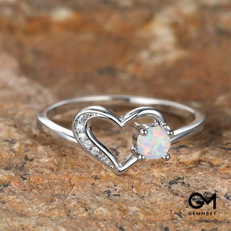 "Deep in Heart" - Simple Circular Opal Hollow Heart Ring