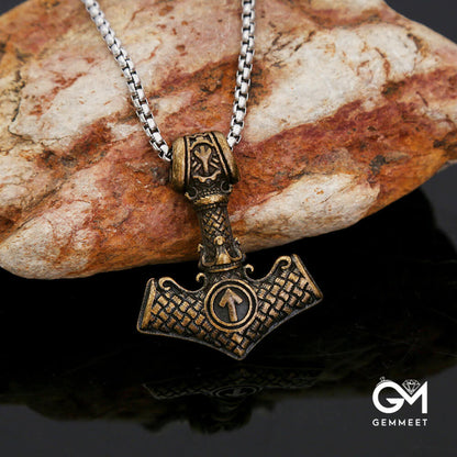 Stainless Steel Odin Thor Hammer Viking Rune Necklace