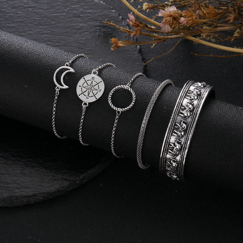 Elephant Totem Moon Compass Geometry 5 - Piece Bracelet Set