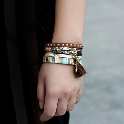 Fashion Multi-Layered Tassel Leather Personality Extra Wide Magnetic Buckle Bracelet