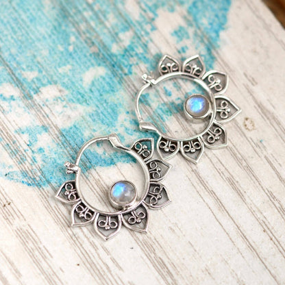 Presale: Boho Hollow Flower Moonstone Hoop Earrings