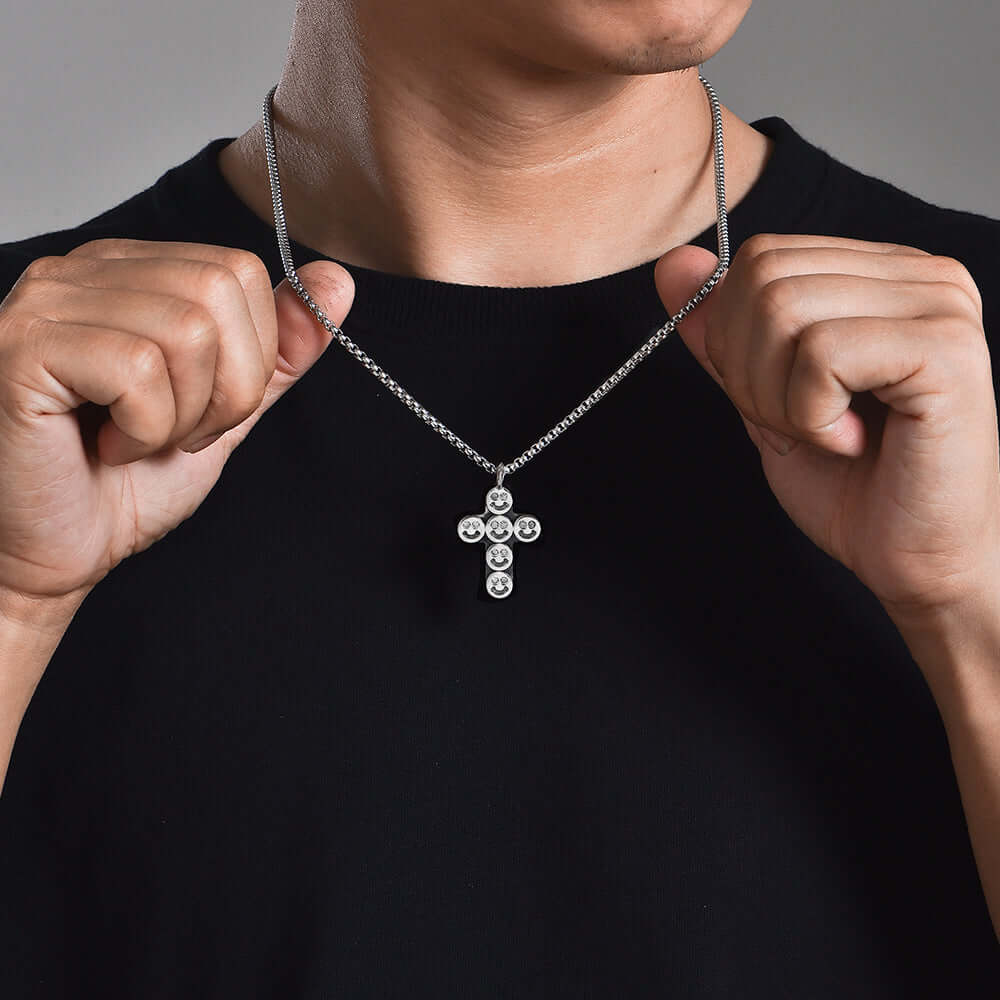 Fashion Men's Smiley Sterling Silver Cross Necklace