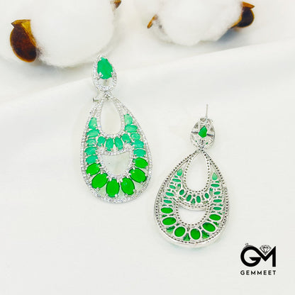 Pear-Shaped Center Hollow Green Stone Pendant Earrings