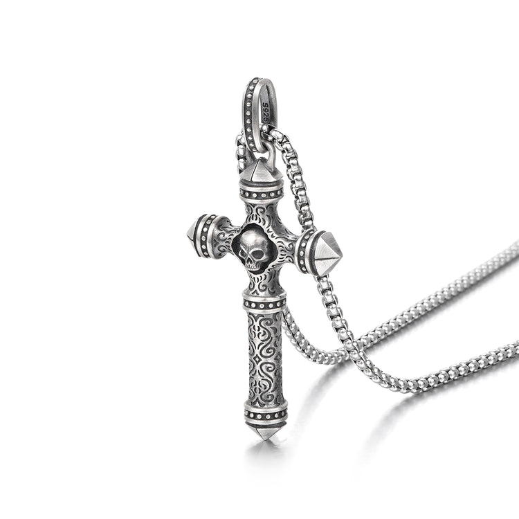 Sterling Silver Columnar Skull Cross Pendants Necklace