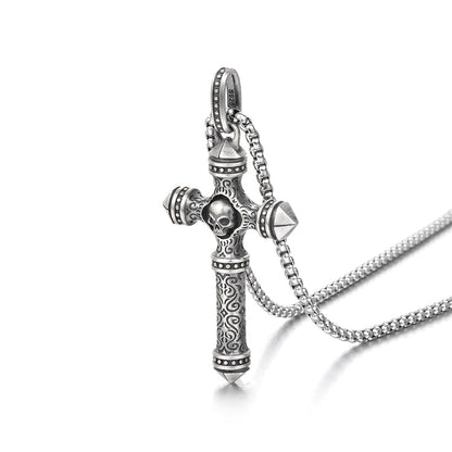 Sterling Silver Columnar Skull Cross Pendants Necklace