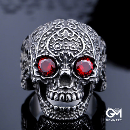 Titanium Steel Inlaid with Zircon Carved Skull Ring