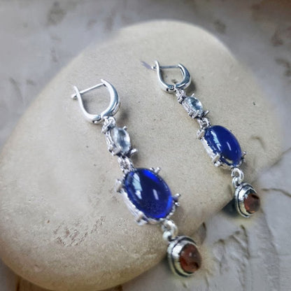 Oval Moonstone Sapphire Ethnic Witch Earrings