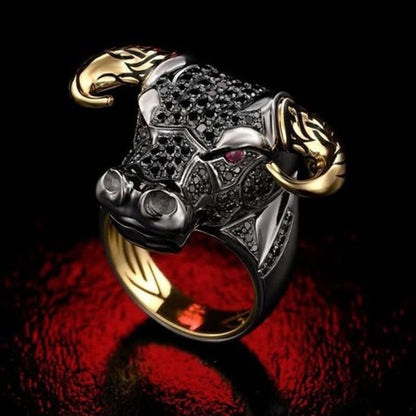 Men's White Cubic Zirconia Black Bull Head Ring