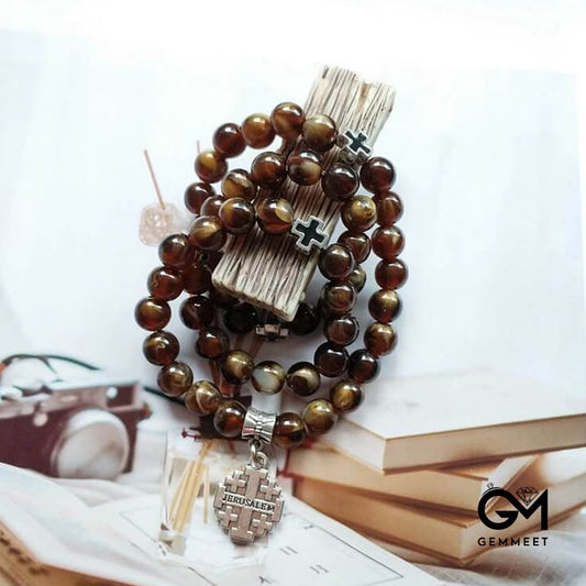 Tiger Eye Cross Pendant Rosary Bracelet