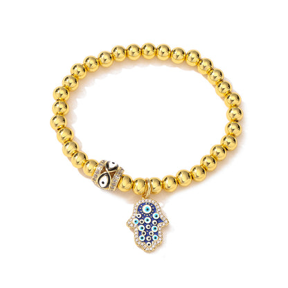 Halo Hamsa Pendant Golden Bead Bracelet