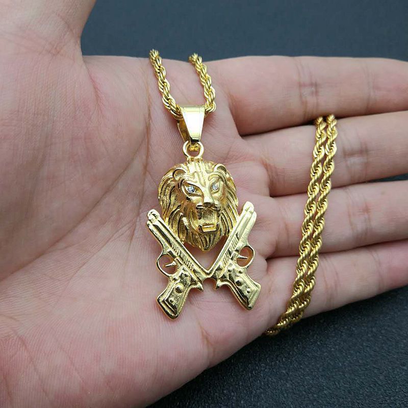 Hip Hop Jewelry Gold Plated Zircon Pistol Lion Head Pendant