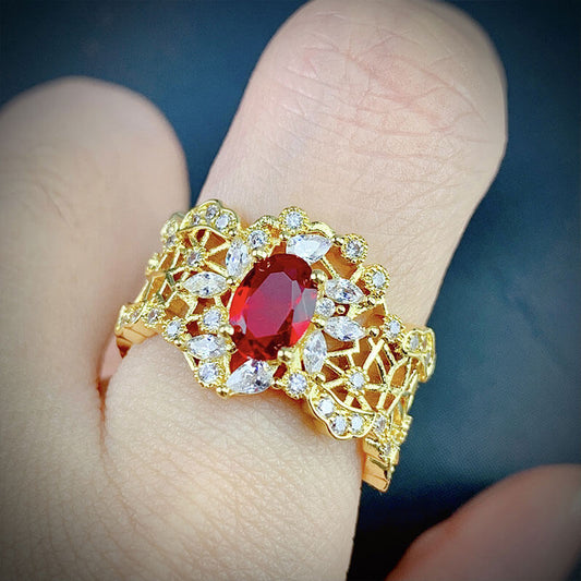 Buccillati Craft Retro Literary and Art Palace Hollow Imitation Ruby Ring