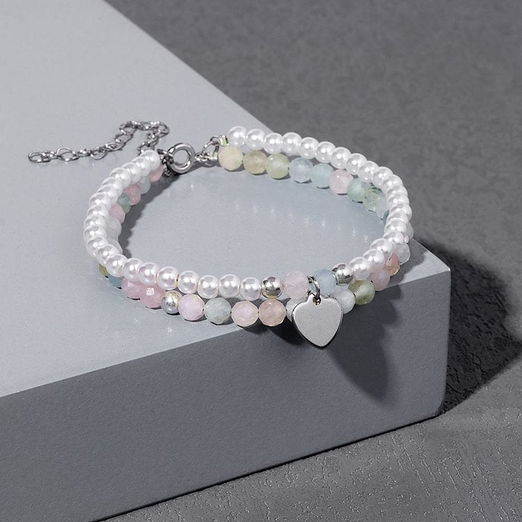 Faceted Stone Pearl Heart Charm Double Layer Bracelet