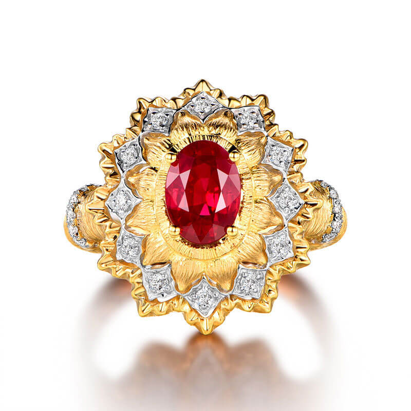 Palace Style Textured Gold Carving Process Simulation Pigeon Blood Ruby Two-color Gold and Red Diamond Hand-drawn Ring