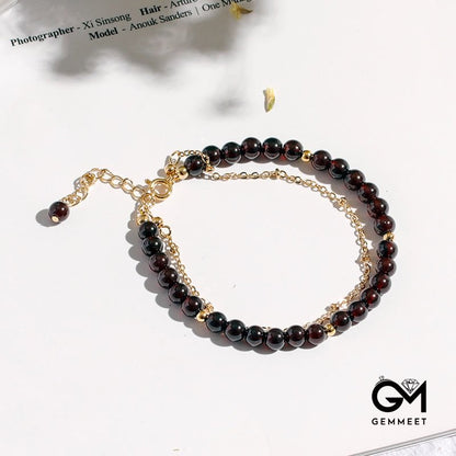 Garnet Beaded Metal Chain Double Layer Bracelet