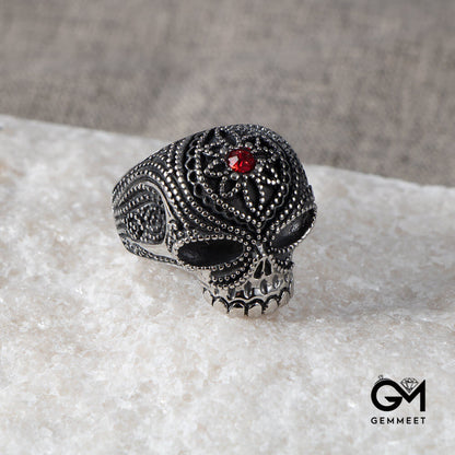 Titanium Steel Skull Ghost Head Flower Red Zircon Ring