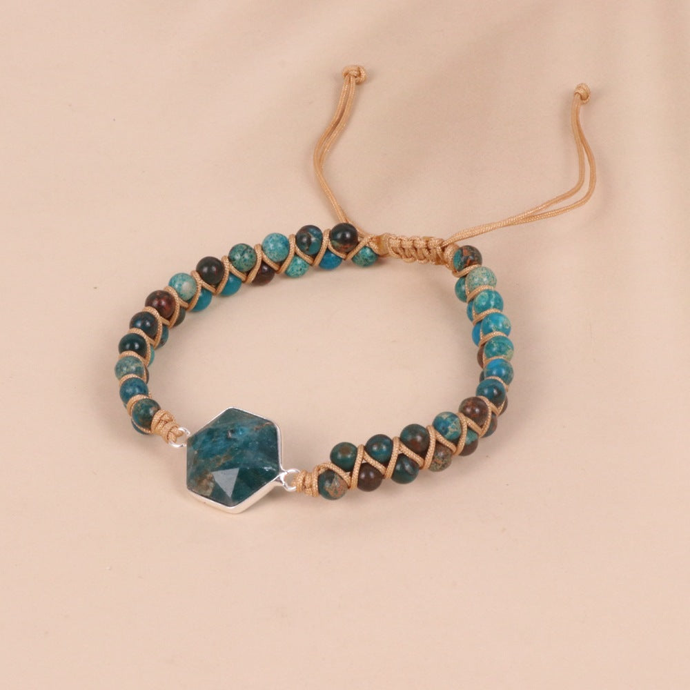 Double Woven Bracelet with Hexagonal Top Hanging Blue Shoushan Stone Bead