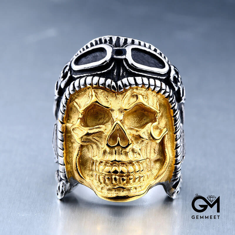 Titanium Steel Punk Engraved Skull Pilot Ring