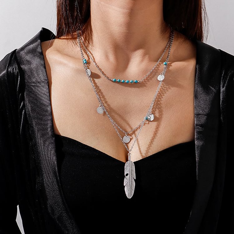 Turquoise Leaf Pendant Three Layer Necklace