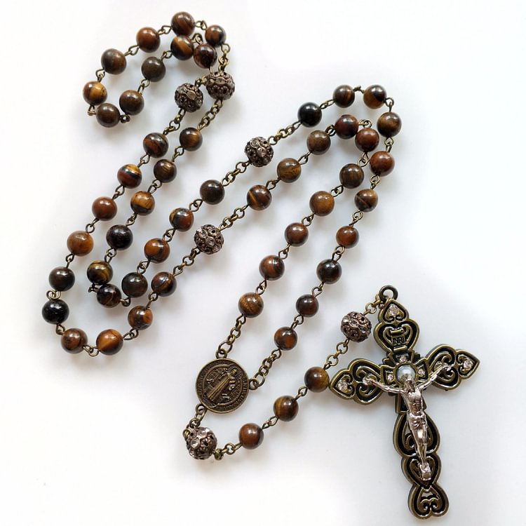 Grade A Tiger Eye Cross Pendant Rosary Necklace