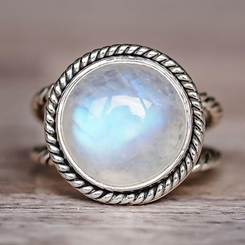 Vintage Big Round Cut Moonstone Rope Texture Ring