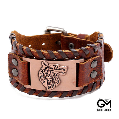 Nordic Wolf Head Leather Bracelet