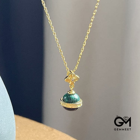 "Stellar Corona" Malachite Blue Sandstone Sphere Pendant Necklace