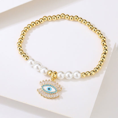 Halo Evil Eye Pendant Pearl Bead Bracelet