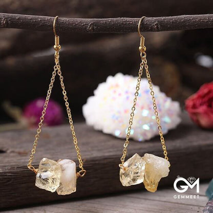 Quartz Gravel Gold Chain Dangle Earrings