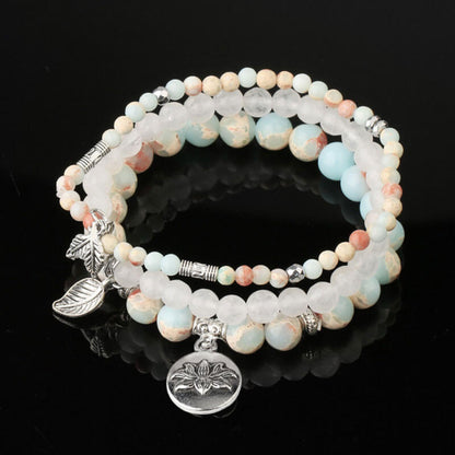 Fashion Three Row Bracelet Natural Stone Crystal Rose Pendant Hand Decoration 6mm Bead Elastic Bracelet