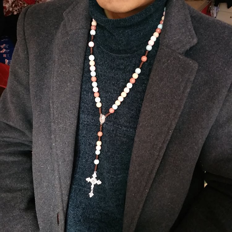 Color Beads Rosary Mary Medal Cross Necklace