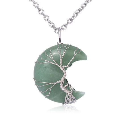 Natural Quartz Crystal Moon Tree Of Life Healing Energy Necklace Pendant