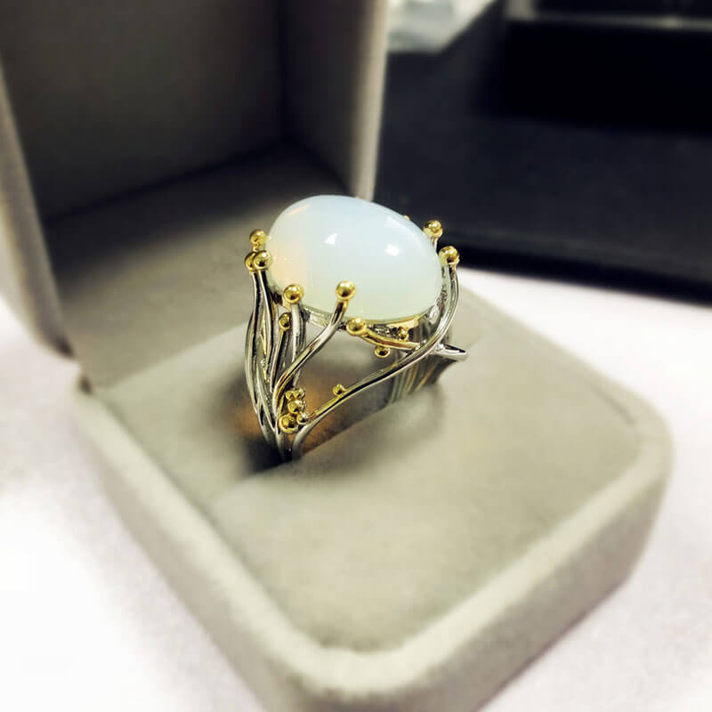 Big Oval Cut Moonstone Branch Hollow Ring