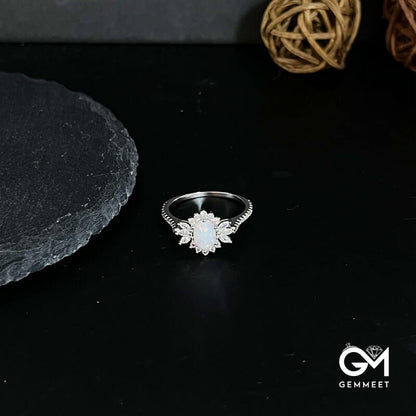 White Opal Sunflower 925 Silver Ring