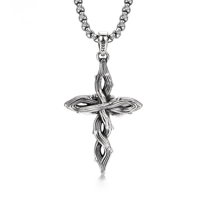 Sterling Silver Vintage Cross Rose Pendants Necklace