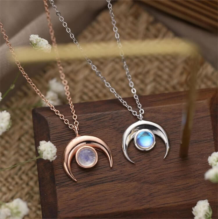 Natural Moonstone Moon Shape Pendant Necklace