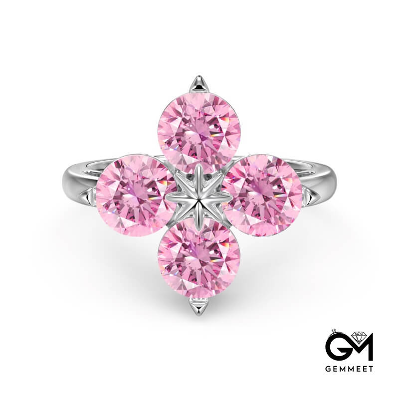 S925 Pink Zircon Four-leaf Clover Octet Star Ring