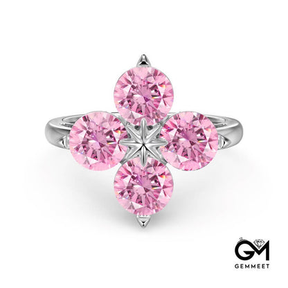 S925 Pink Zircon Four-leaf Clover Octet Star Ring