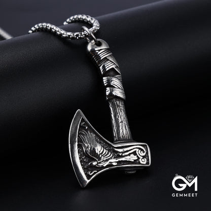 Vintage Stainless Steel Axe Skull Pendant Necklace