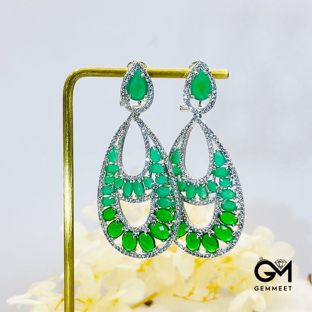 Pear-Shaped Center Hollow Green Stone Pendant Earrings