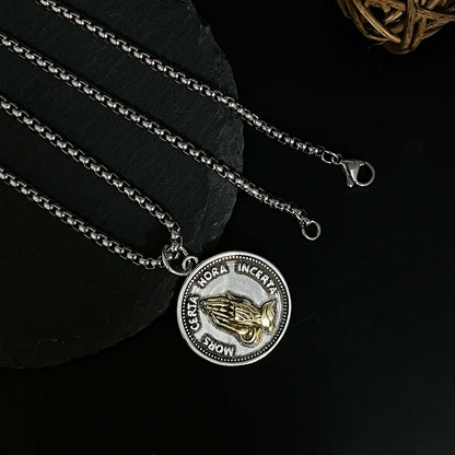 Men's Prayer Hand Metal Coin Necklace