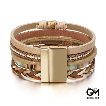 Golden Rutilated Quartz Woven Multi-layered Leather Bracelet