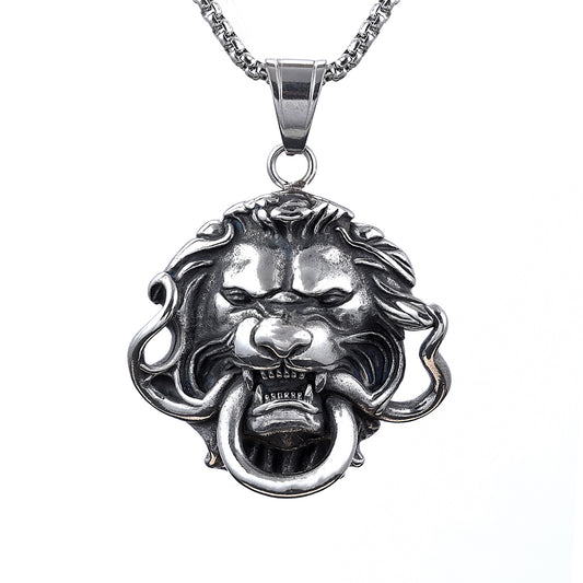 Stainless Steel Ring Large Lion Head Pendant Necklace